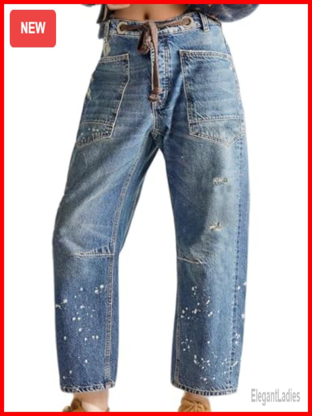 Women's Mid-Low Rise Barrel Jeans Drawstring Ankle Baggy Elastic Waist Stretch